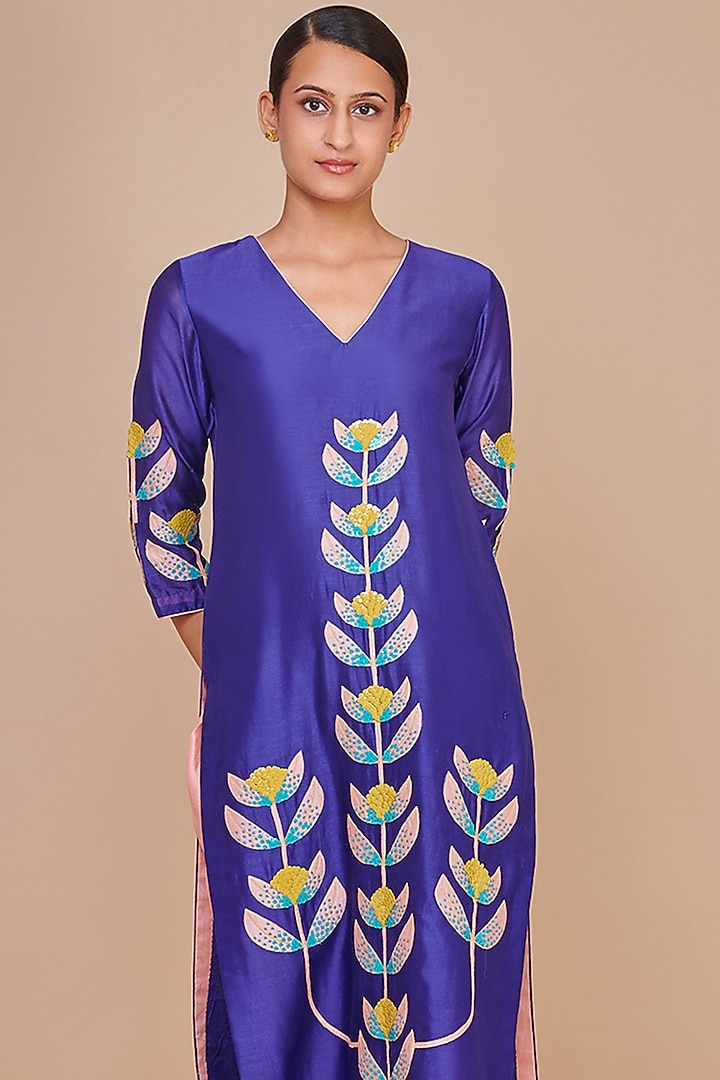 Blue Silk Chanderi Floral Patchwork Kurta Set by Abhjeet Khanna at Pernia's Pop Up Shop