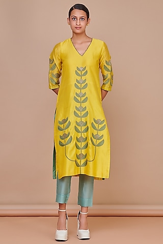 Yellow Silk Chanderi Floral Patchwork Kurta Set  by Abhjeet Khanna
