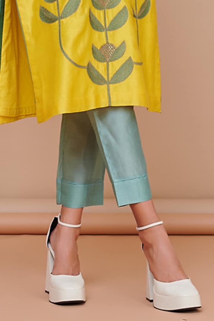Yellow Silk Chanderi Floral Patchwork Kurta Set by Abhjeet Khanna at Pernia's Pop Up Shop