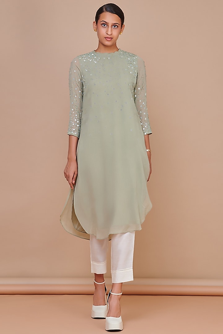 Sage Green Viscose Georgette Hand Embroidered Kurta Set by Abhjeet Khanna at Pernia's Pop Up Shop