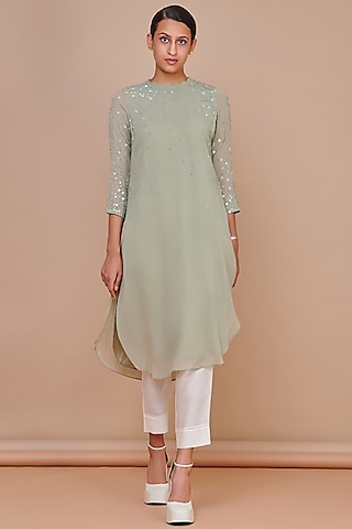 Sage Green Viscose Georgette Hand Embroidered Kurta Set by Abhjeet Khanna