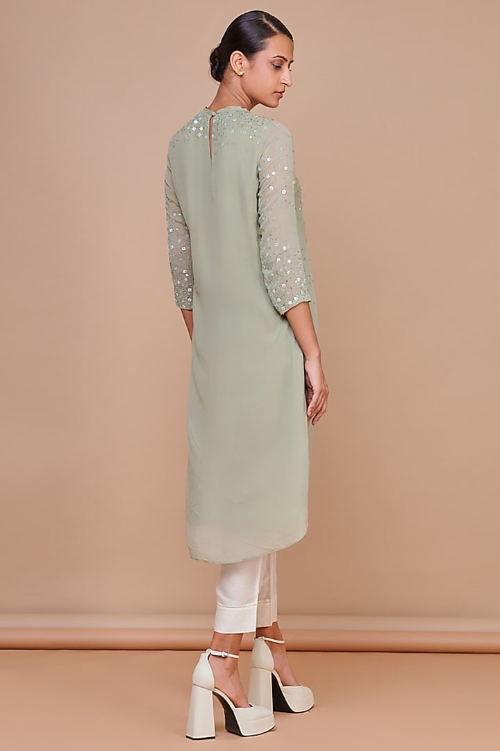 Sage Green Viscose Georgette Hand Embroidered Kurta Set by Abhjeet Khanna at Pernia's Pop Up Shop