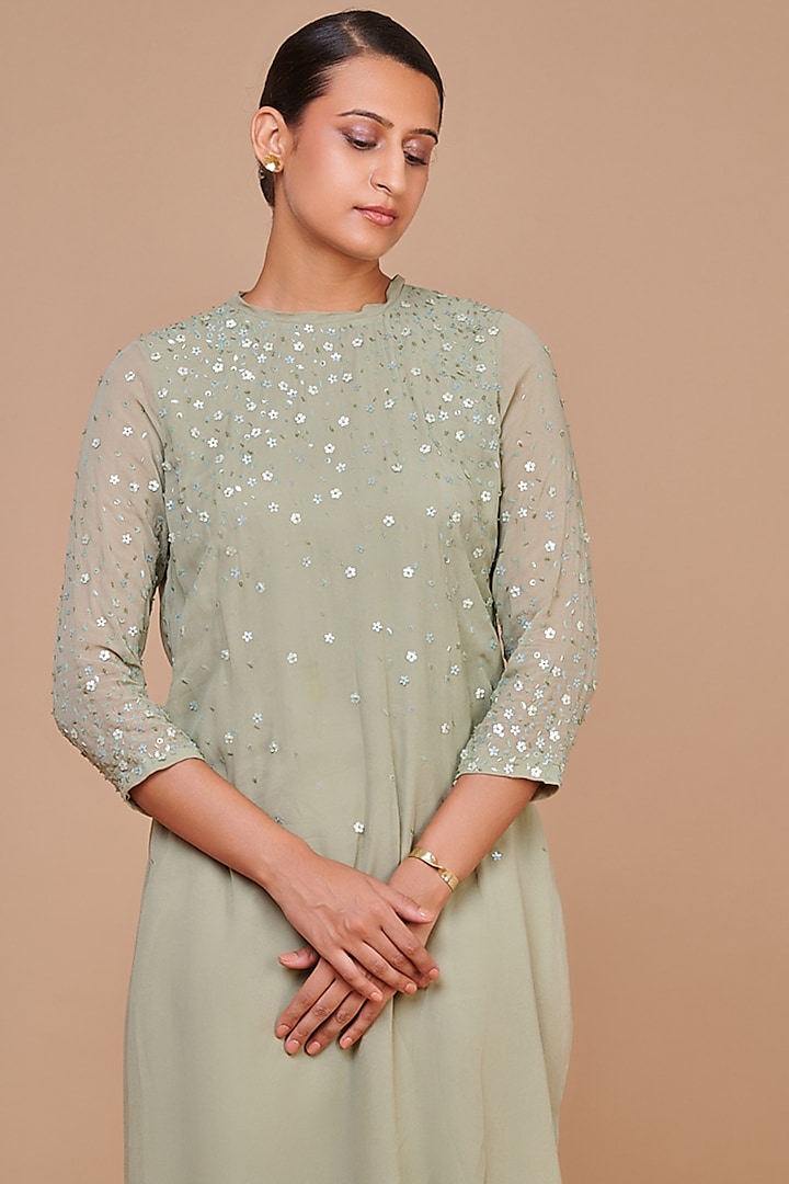 Sage Green Viscose Georgette Hand Embroidered Kurta Set by Abhjeet Khanna at Pernia's Pop Up Shop