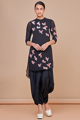 Black Viscose Georgette Hand Embroidered Kurta Set by Abhjeet Khanna