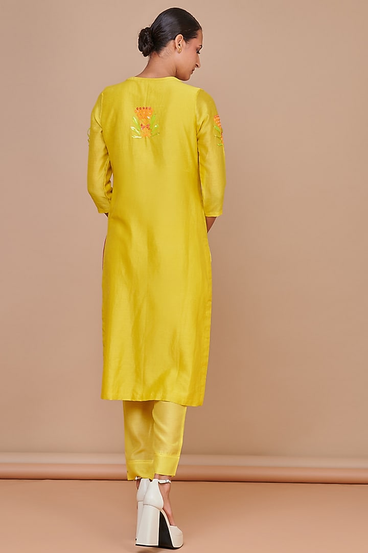 Multi-Colored Silk Chanderi Hand Embroidered Kurta Set by Abhjeet Khanna at Pernia's Pop Up Shop