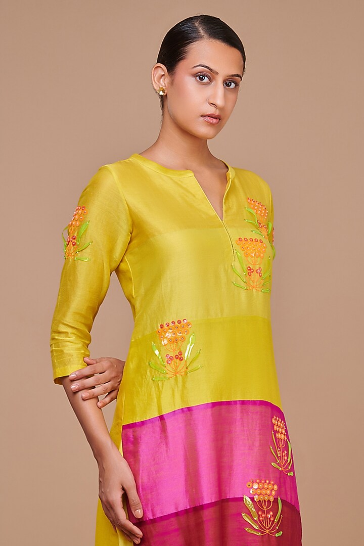 Multi-Colored Silk Chanderi Hand Embroidered Kurta Set by Abhjeet Khanna at Pernia's Pop Up Shop