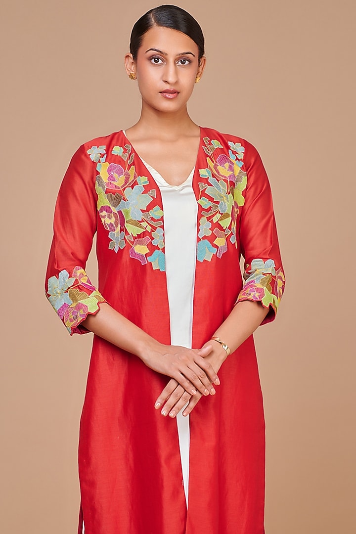 Red Silk Chanderi Jacket Set by Abhjeet Khanna at Pernia's Pop Up Shop