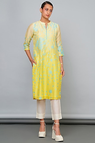 Shaded Yellow Silk Chanderi Patchwork Kurta Set by Abhjeet Khanna