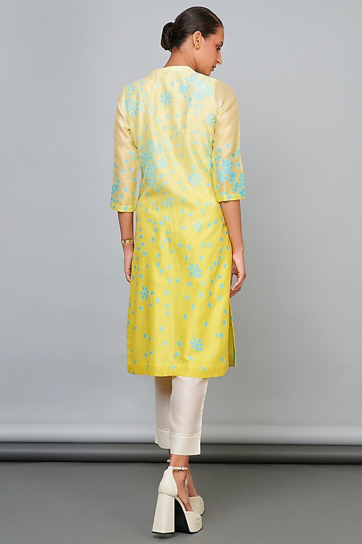 Shaded Yellow Silk Chanderi Patchwork Kurta Set by Abhjeet Khanna at Pernia's Pop Up Shop