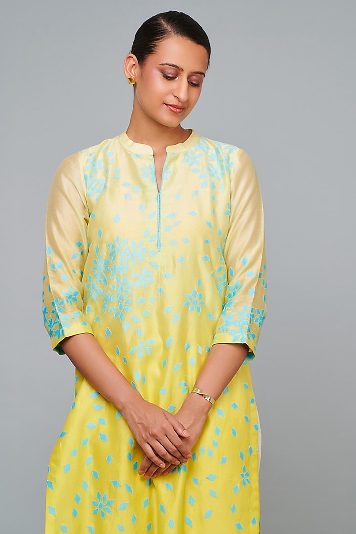 Shaded Yellow Silk Chanderi Patchwork Kurta Set by Abhjeet Khanna at Pernia's Pop Up Shop