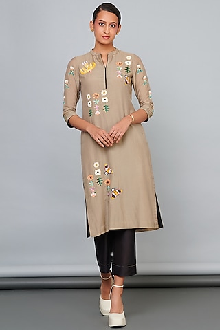 Beige Silk Chanderi Floral Handwork Kurta Set by Abhjeet Khanna