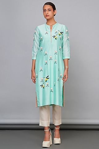 Light Blue Silk Chanderi Floral Handwork Kurta Set by Abhjeet Khanna