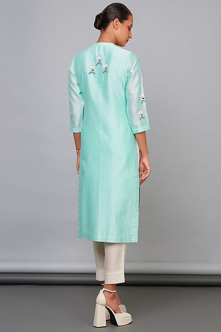 Light Blue Silk Chanderi Floral Handwork Kurta Set by Abhjeet Khanna at Pernia's Pop Up Shop
