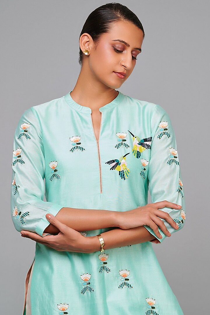 Light Blue Silk Chanderi Floral Handwork Kurta Set by Abhjeet Khanna at Pernia's Pop Up Shop