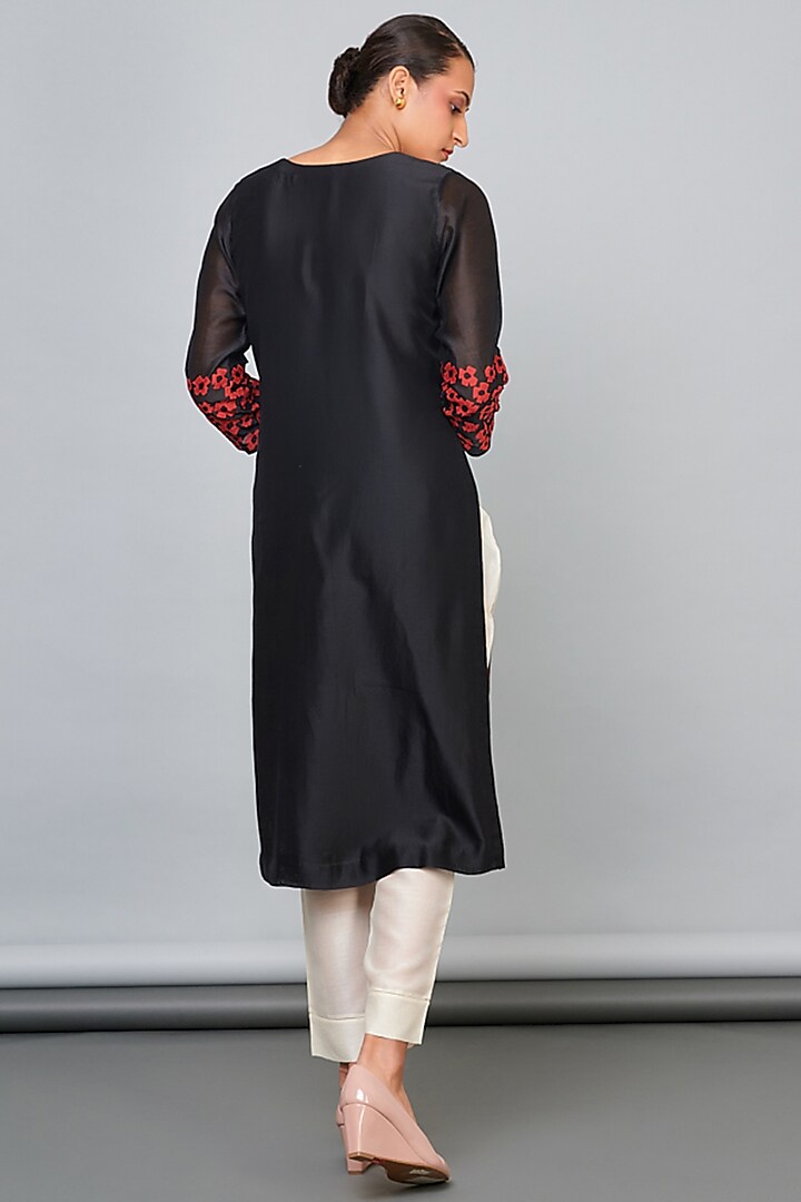 Black Silk Chanderi Embroidered Kurta Set by Abhjeet Khanna at Pernia's Pop Up Shop