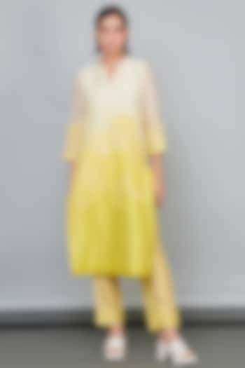 Yellow Silk Chanderi Floral Patchwork Kurta Set  by Abhjeet Khanna at Pernia's Pop Up Shop