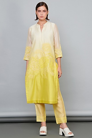 Yellow Silk Chanderi Floral Patchwork Kurta Set  by Abhjeet Khanna