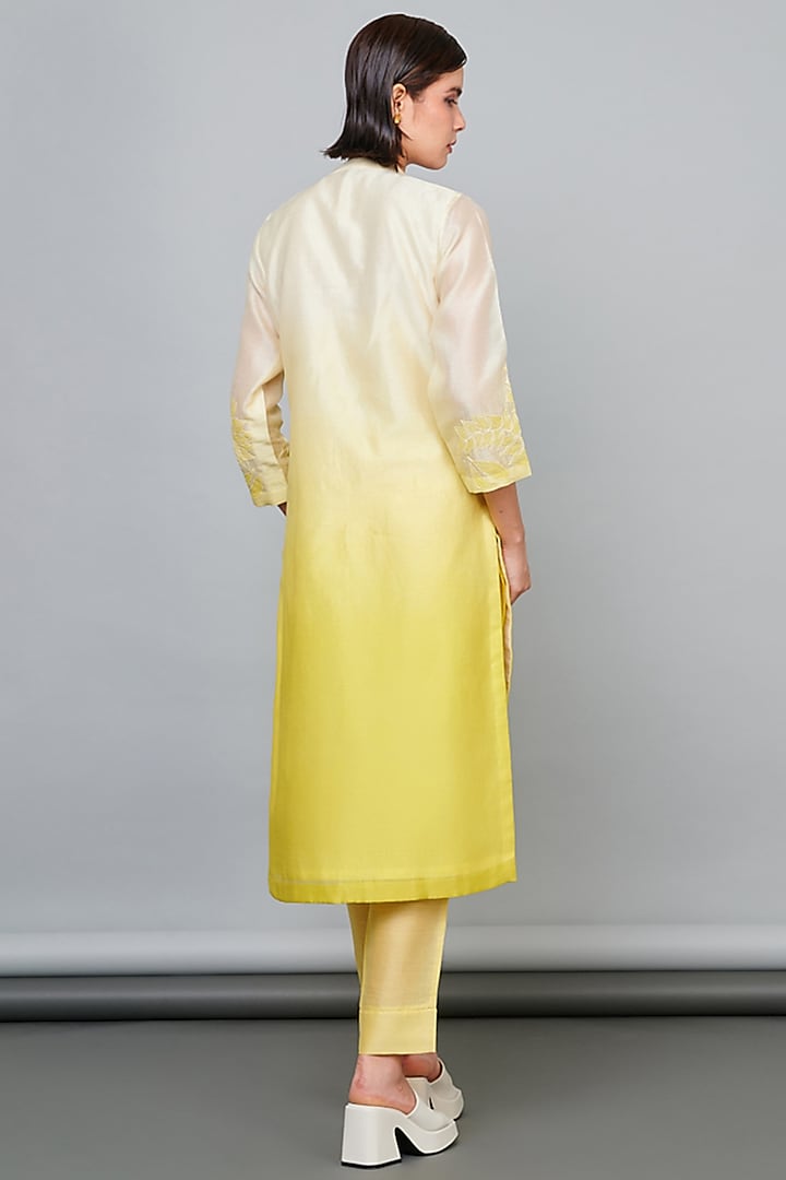 Yellow Silk Chanderi Floral Patchwork Kurta Set by Abhjeet Khanna at Pernia's Pop Up Shop