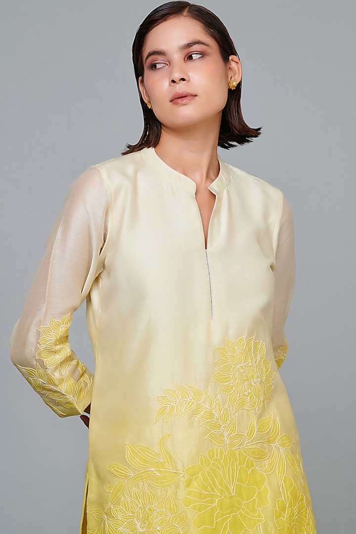 Yellow Silk Chanderi Floral Patchwork Kurta Set by Abhjeet Khanna at Pernia's Pop Up Shop
