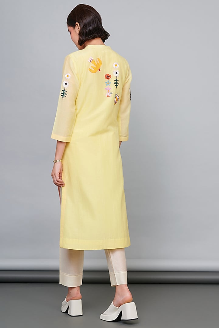 Light Yellow Silk Chanderi Handwork Kurta Set by Abhjeet Khanna at Pernia's Pop Up Shop