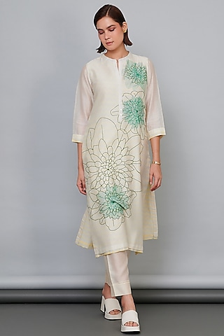 Ivory Silk Chanderi Thread Work Kurta Set by Abhjeet Khanna
