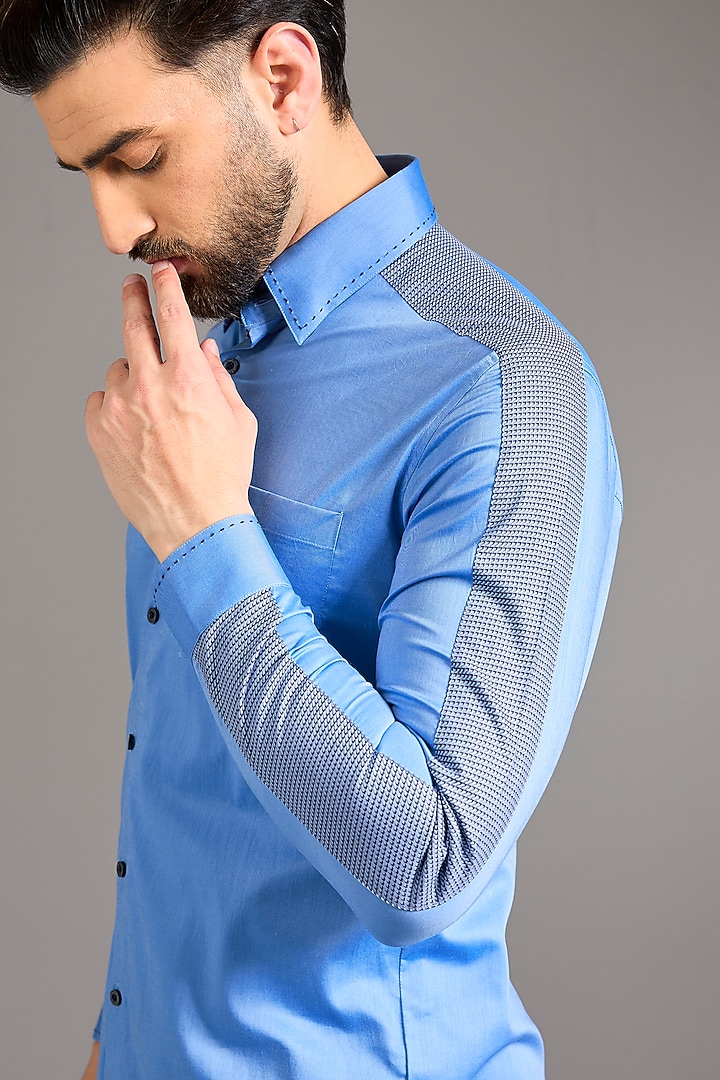 Light Blue Cotton Embroidered Shirt by Abkasa at Pernia's Pop Up Shop