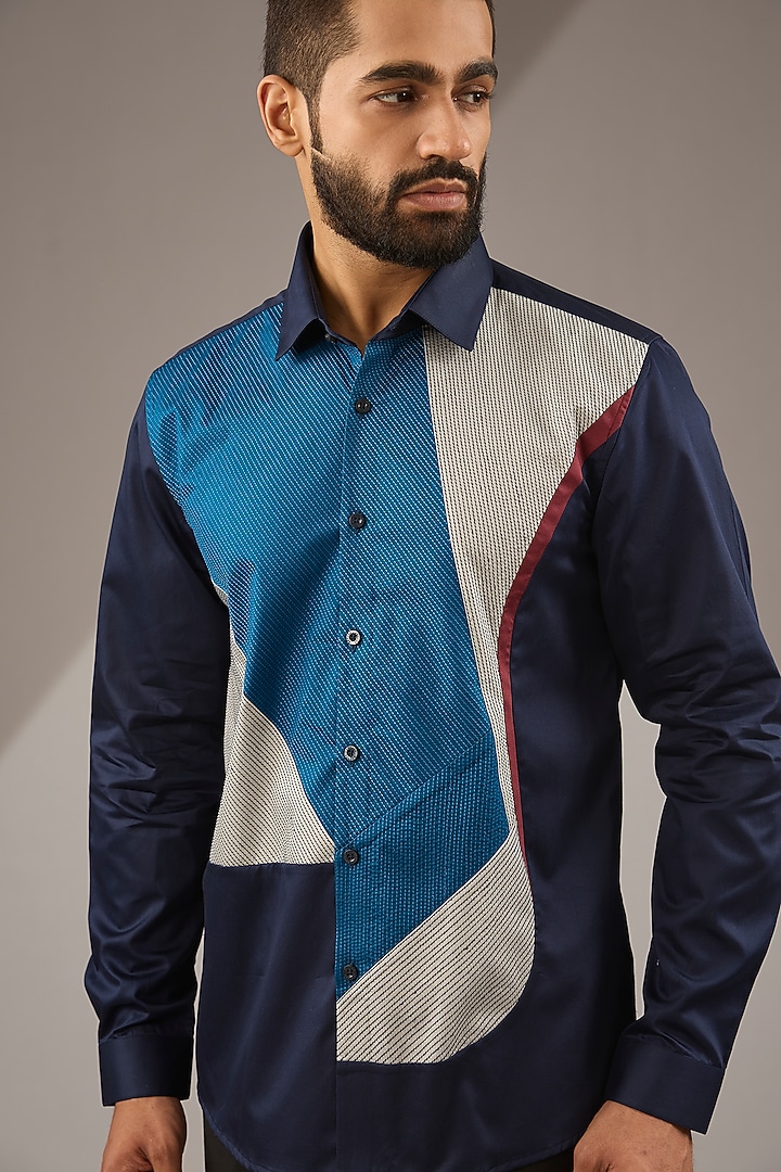 Navy Blue Cotton Embroidered Party Wear Shirt by Abkasa at Pernia's Pop Up Shop