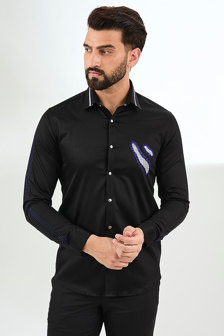 Black Cotton Embroidered Shirt by Abkasa at Pernia's Pop Up Shop