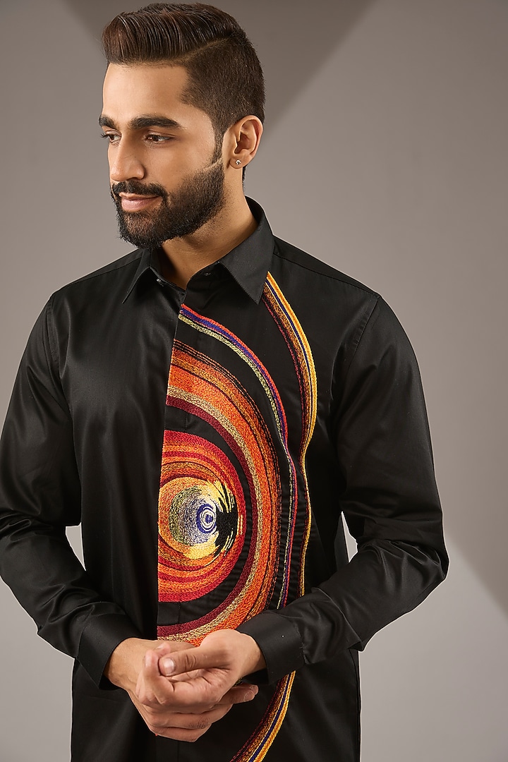 Black Cotton Embroidered Party Wear Shirt by Abkasa at Pernia's Pop Up Shop