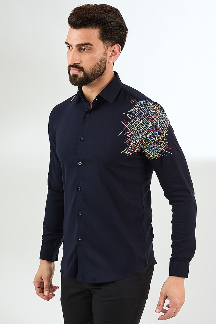 Black Cotton Embroidered Shirt by Abkasa at Pernia's Pop Up Shop