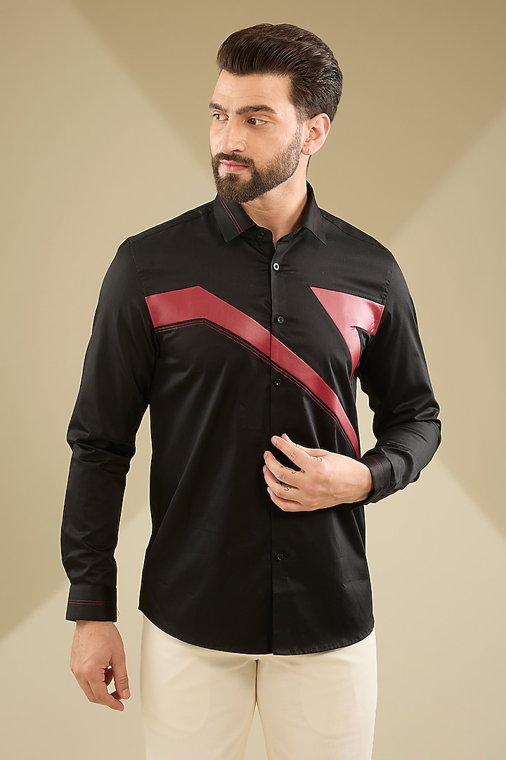 Black Cotton Embroidered Shirt by Abkasa