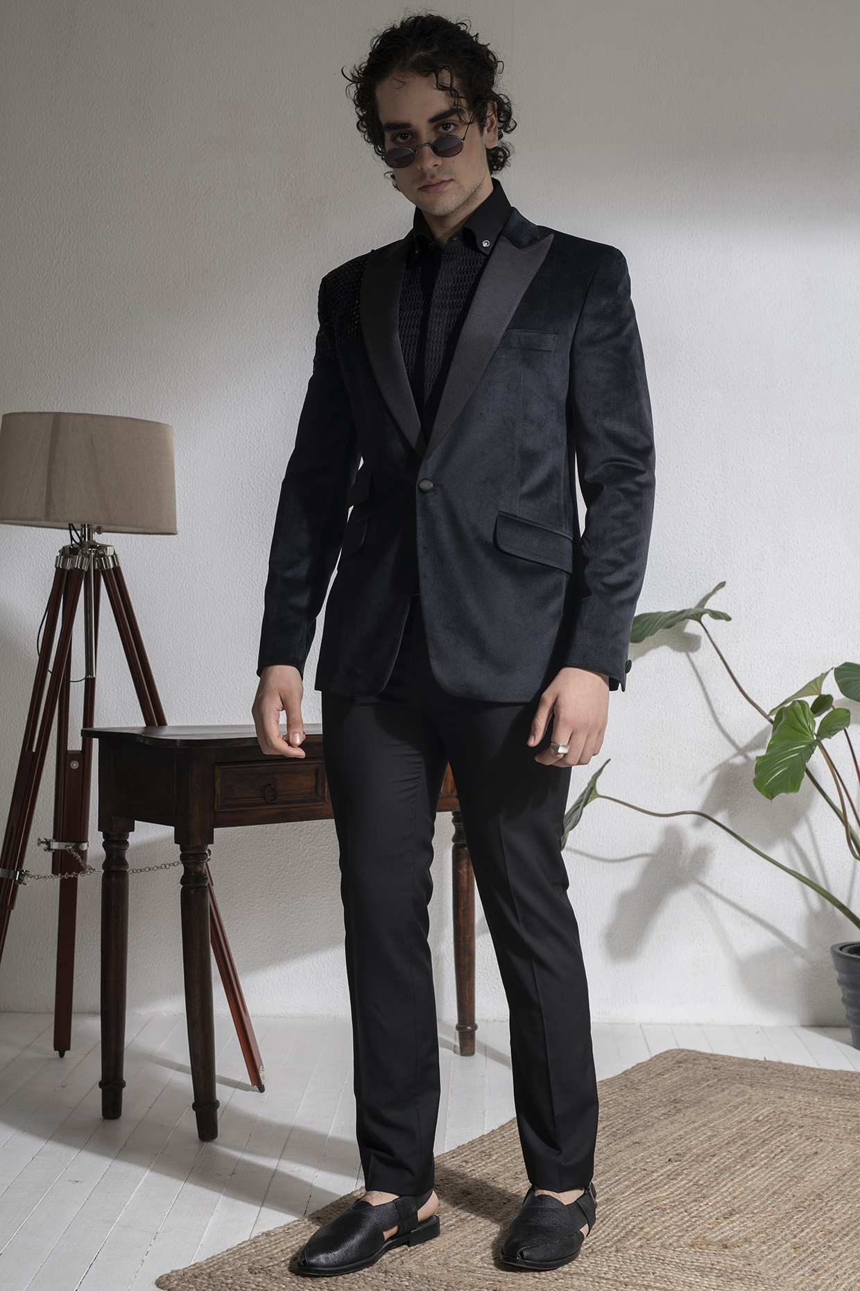 Black Velvet Beads Hand Embroidered Jacket Set by Abkasa