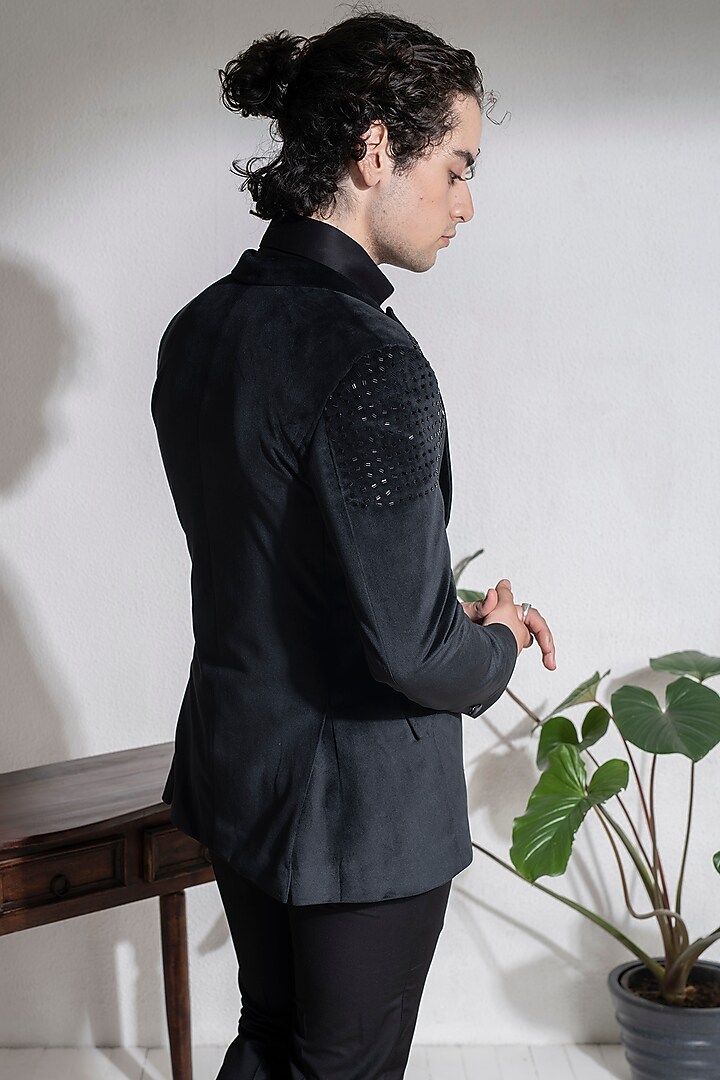 Black Velvet Beads Hand Embroidered Jacket Set by Abkasa at Pernia's Pop Up Shop
