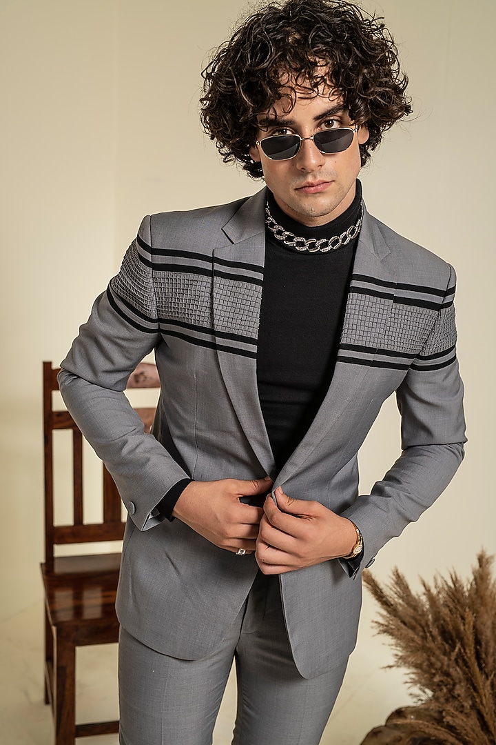 Grey Velvet Pintucks Jacket Set by Abkasa at Pernia's Pop Up Shop