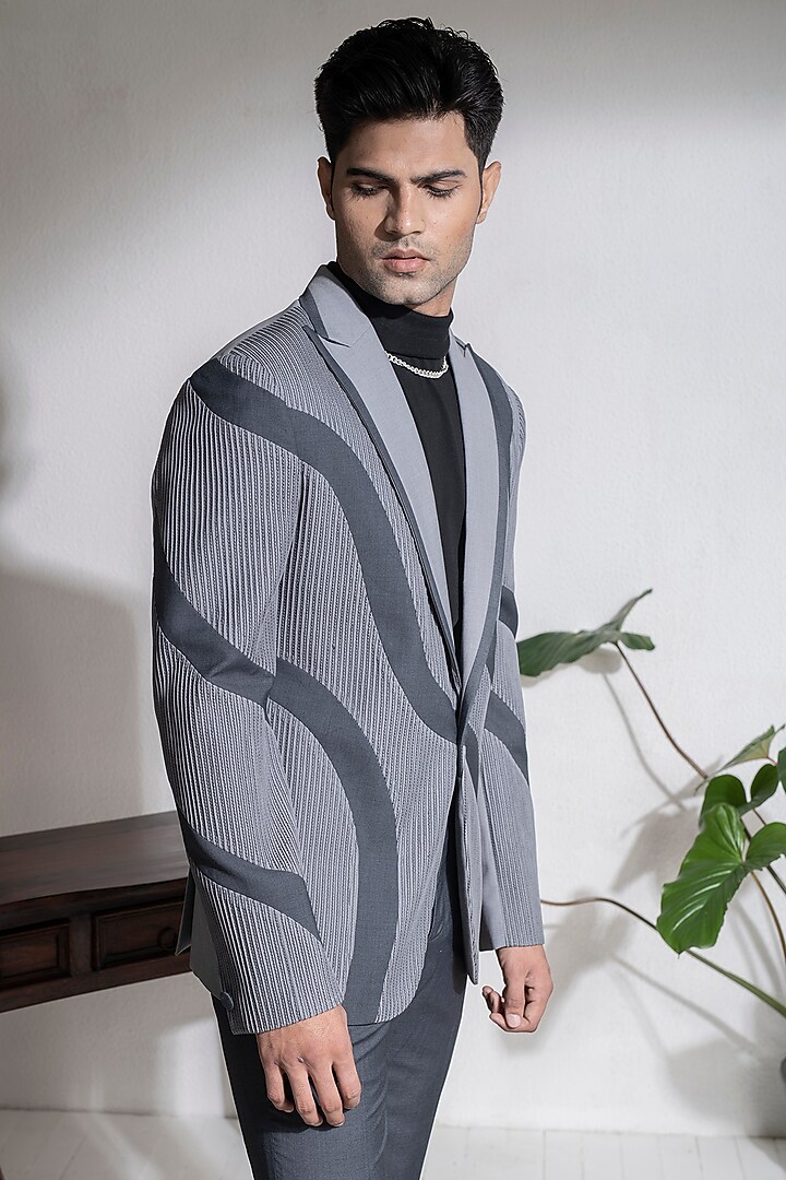 Light Grey Terry Rayon Panelled Jacket Set by Abkasa at Pernia's Pop Up Shop