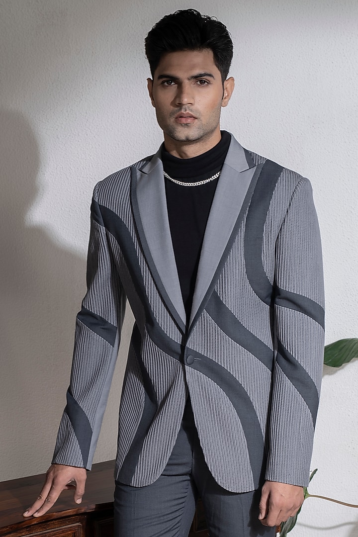 Light Grey Terry Rayon Panelled Jacket Set by Abkasa at Pernia's Pop Up Shop