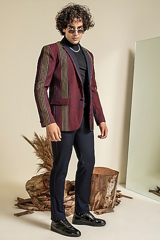 Navy Blue Terry Rayon Jacket Set by Abkasa