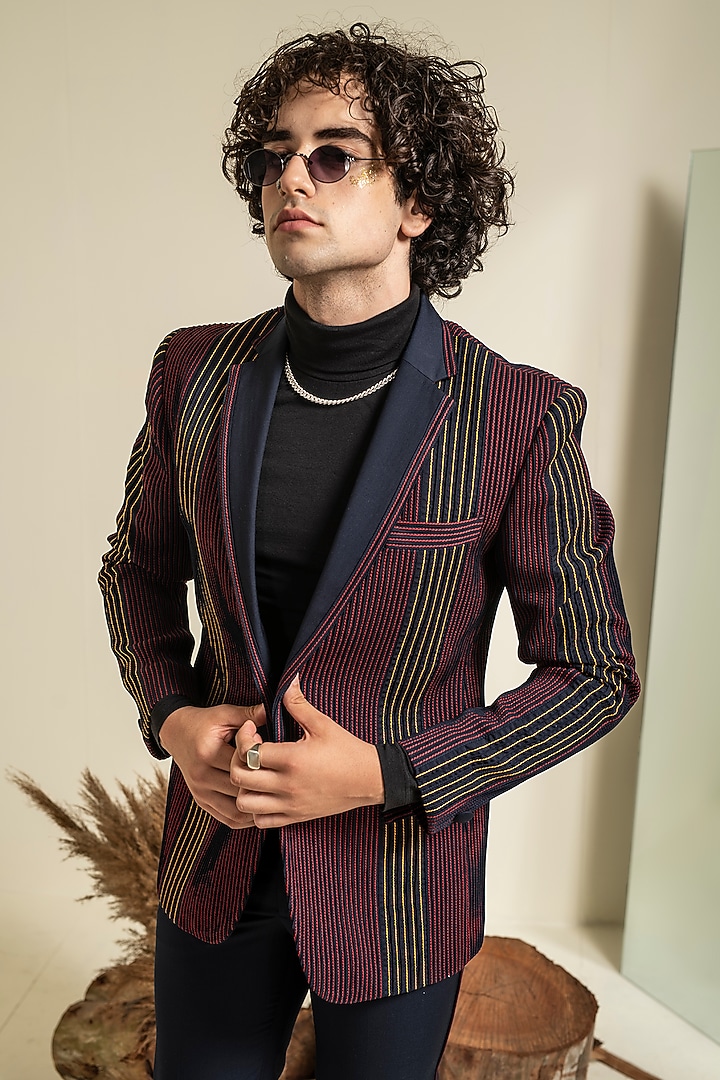 Navy Blue Terry Rayon Jacket Set by Abkasa at Pernia's Pop Up Shop