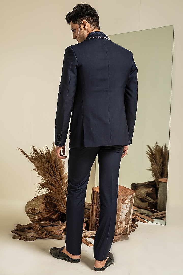 Navy Blue Terry Rayon Thread Embroidered Jacket Set by Abkasa at Pernia's Pop Up Shop