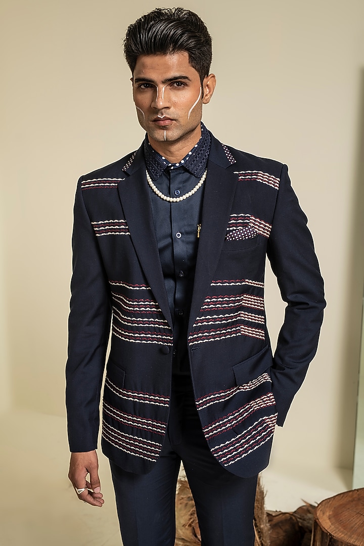 Navy Blue Terry Rayon Thread Embroidered Jacket Set by Abkasa at Pernia's Pop Up Shop