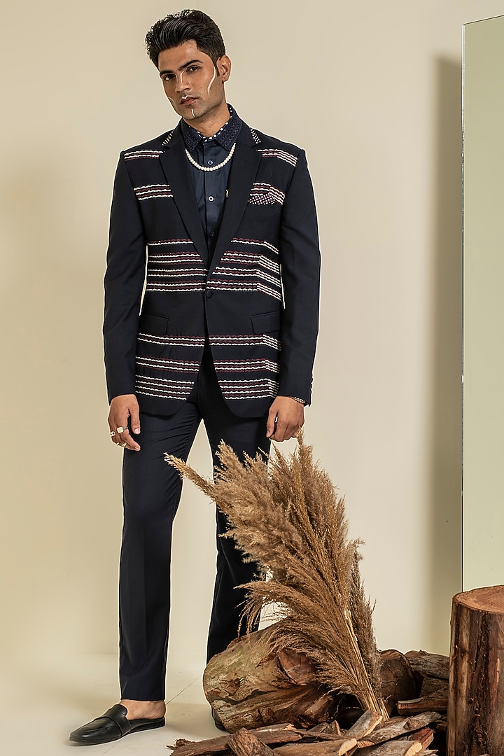 Navy Blue Terry Rayon Thread Embroidered Jacket Set by Abkasa at Pernia's Pop Up Shop