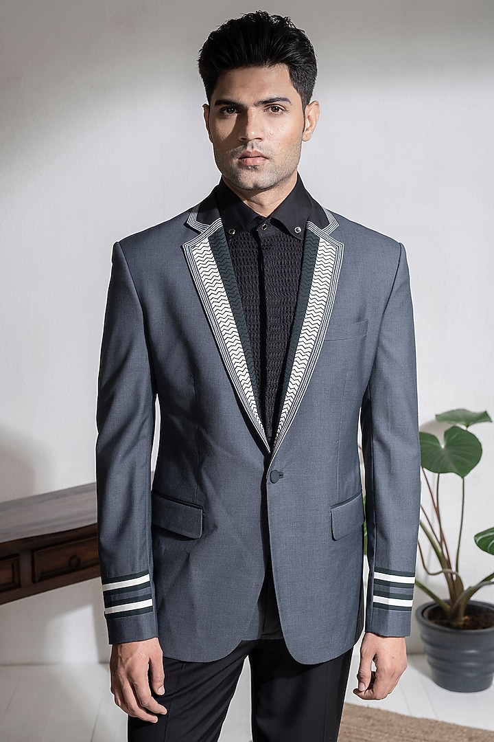 Dark Grey Terry Rayon Color-Blocked Jacket Set by Abkasa at Pernia's Pop Up Shop