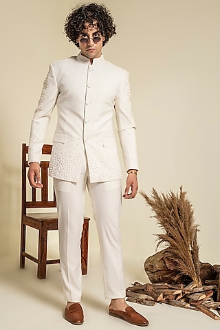 Ivory Terry Rayon Embroidered Bandhgala Set by Abkasa