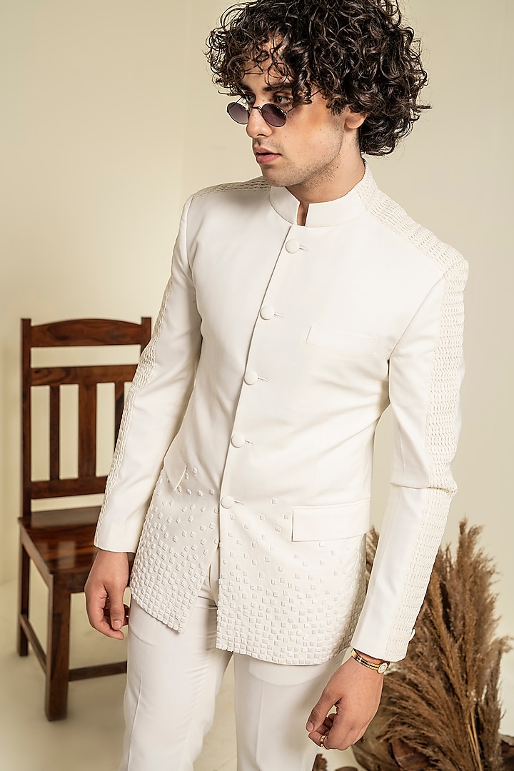 Ivory Terry Rayon Embroidered Wedding Bandhgala Set by Abkasa at Pernia's Pop Up Shop