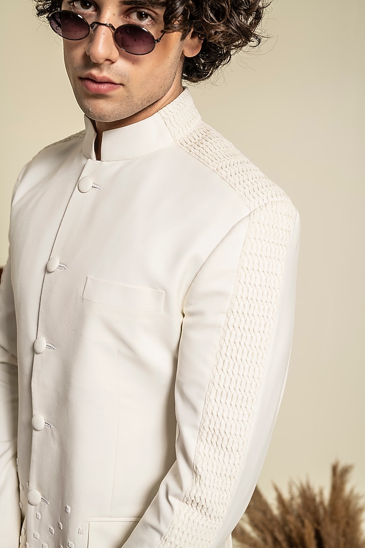 Ivory Terry Rayon Embroidered Wedding Bandhgala Set by Abkasa at Pernia's Pop Up Shop