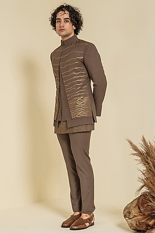 Pastel Brown Terry Rayon Embroidered Bandhgala Set by Abkasa