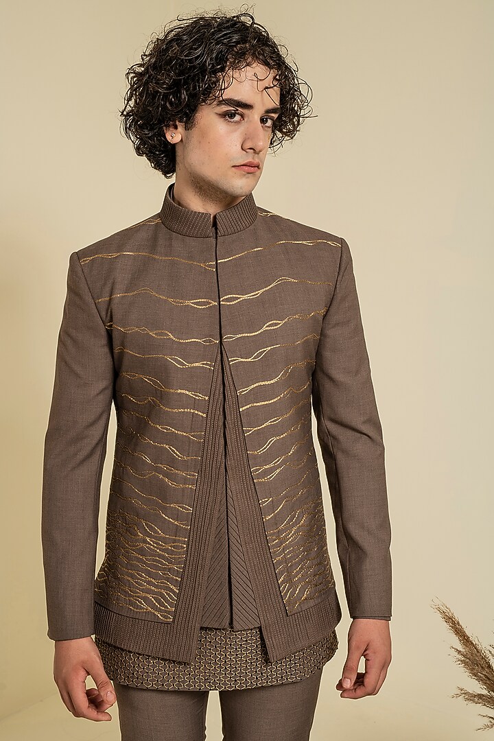 Pastel Brown Terry Rayon Embroidered Wedding Bandhgala Set by Abkasa at Pernia's Pop Up Shop