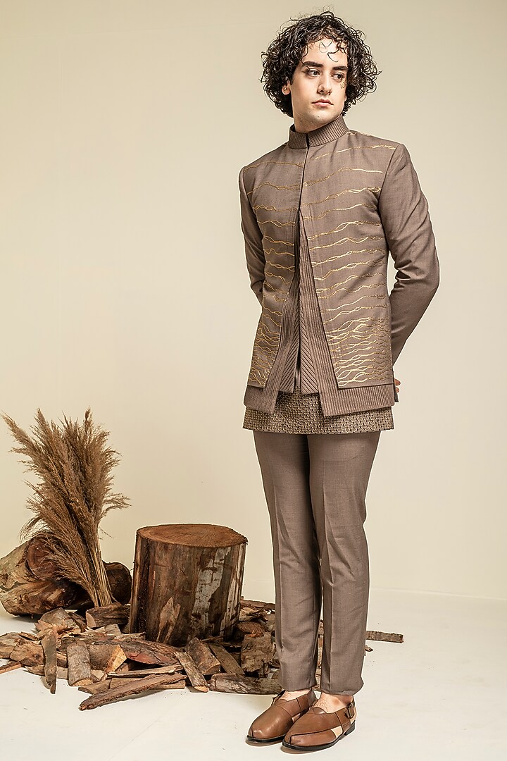 Pastel Brown Terry Rayon Embroidered Wedding Bandhgala Set by Abkasa at Pernia's Pop Up Shop