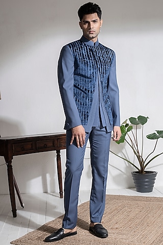 Emerald Blue Terry Rayon Bandhgala Set by Abkasa