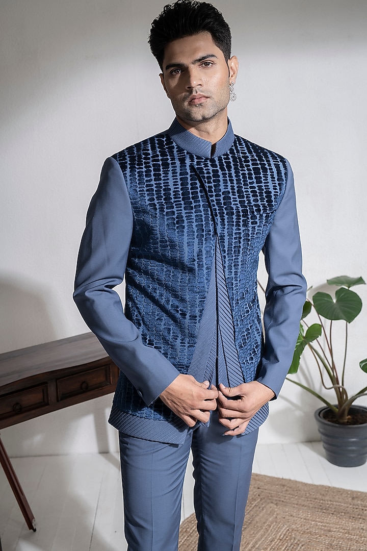 Emerald Blue Terry Rayon Wedding Bandhgala Set by Abkasa at Pernia's Pop Up Shop